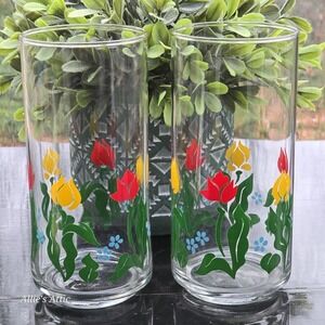 2 Vintage‎ Drinking Glasses Red Blue Yellow Tulip Iris Daffodil Colorful Flowers